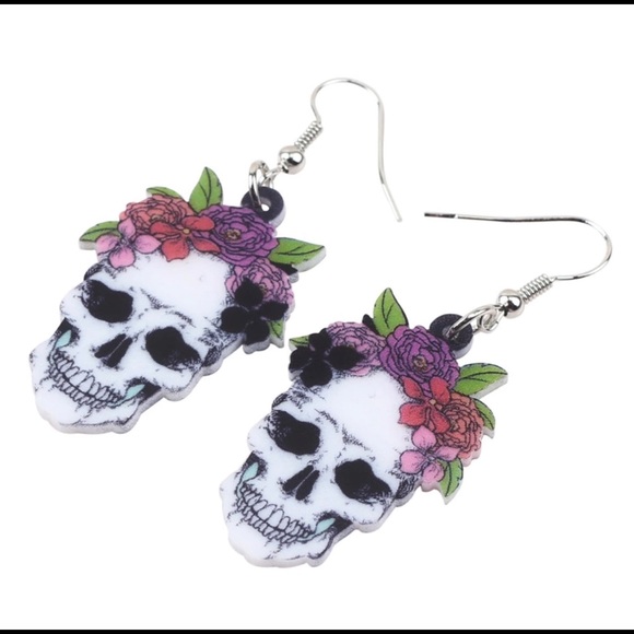 Jewelry - Boho Crown Floral Skull Earrings